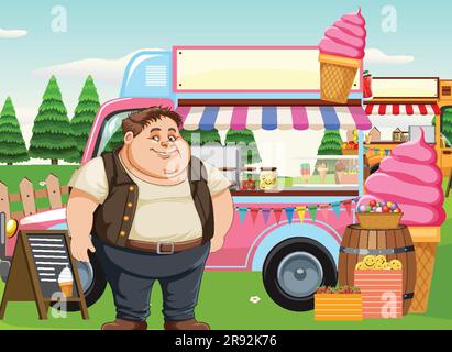 Homme en surpoids devant l'illustration du chariot alimentaire à crème glacée Illustration de Vecteur