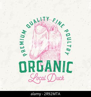 Style risographe Duck Meat Products Farm Retro badge logo Template. Esquisse de face d'oiseau dessinée à la main avec Typographie rétro. Esquisse de steaks de volaille vintage Illustration de Vecteur