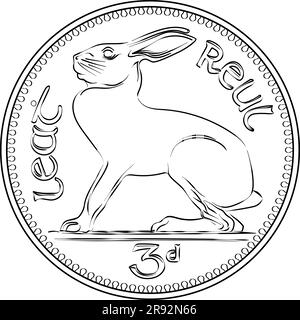 Argent irlandais argent pré-décimal argent pièce de Threepence avec lièvre irlandais au verso. Image en noir et blanc Illustration de Vecteur