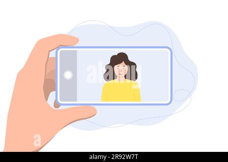 L'homme tient un téléphone dans ses mains et prend une photo d'une fille. Illustration de Vecteur