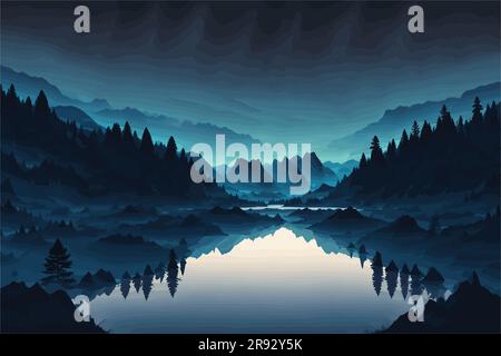 Illustration vectorielle d'Une scène nocturne pleine de tranquillité dans la nature, comme un lac serein entouré de montagnes sous un ciel étoilé. et silhouettes de Illustration de Vecteur