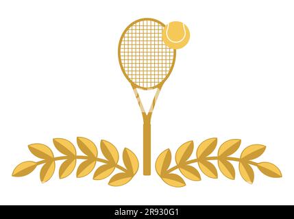 Couronne de Laurier doré, raquette de tennis et balle de tennis. Illustration vectorielle isolée sur fond blanc Illustration de Vecteur