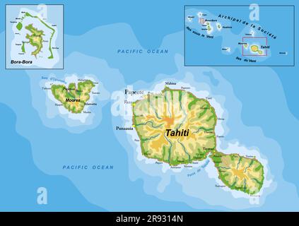 Carte physique très détaillée de Tahiti et Bora-Bora en format vectoriel, avec toutes les formes de relief, les régions et les grandes villes. Illustration de Vecteur