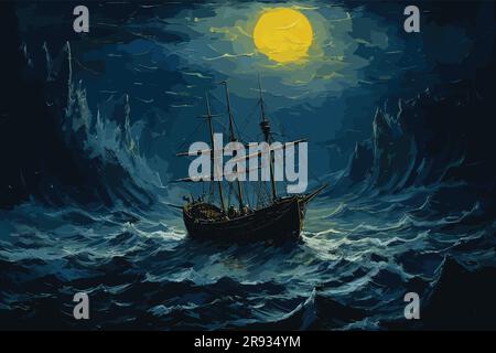 art vectoriel d'un art peint d'un navire dans une mer agitée, lune dans le ciel sombre Illustration de Vecteur