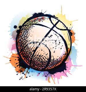 Ballon de basket-ball sur fond d'eau coloré. Illustration d'esquisse vectorielle dessinée à la main. Concept de championnat de compétition. Imprimé sport Illustration de Vecteur