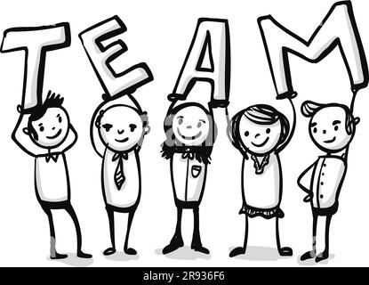 Une équipe professionnelle ou professionnelle composée d'hommes d'affaires et de femmes d'affaires tenant des personnages D'ÉQUIPE au travail - doodle - illustration vectorielle numérique dessinée à la main Illustration de Vecteur
