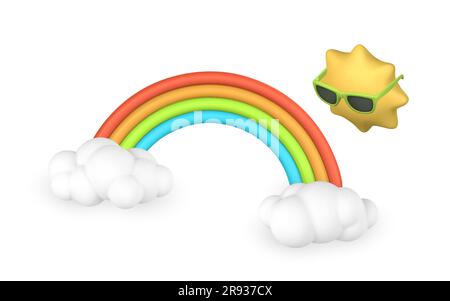 3d arc-en-ciel avec nuages et soleil dans le style de dessin animé. Concept de phénomène. Illustration vectorielle. Illustration de Vecteur
