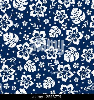 Fleurs tropicales vives et feuilles de monstère. Motif sans couture avec fleurs d'hibiscus. Illustration de Vecteur