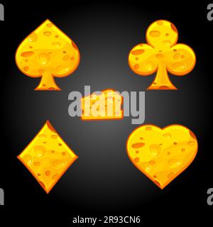 Symboles Club, spades, diamant et combinaison de coeur dans la texture du fromage. Icônes de dessin animé Illustration de Vecteur