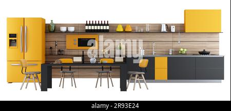 Cuisine moderne noire et orange avec table à manger chaise vintage isolée sur fond blanc - 3D rendu Banque D'Images