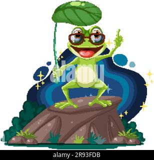 Illustration de la grenouille verte portant des lunettes debout sur une souche Illustration de Vecteur