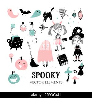 Adorable motif Halloween dessiné à la main, personnages effrayants et décoration, éléments vectoriels. Illustration de Vecteur