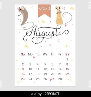 Calendrier août 2020 vecteur. Calendrier mensuel créatif 2020 joli rat dessiné à la main. Concept, modèle vectoriel vertical modifiable. Symbole de l'année dans le Illustration de Vecteur