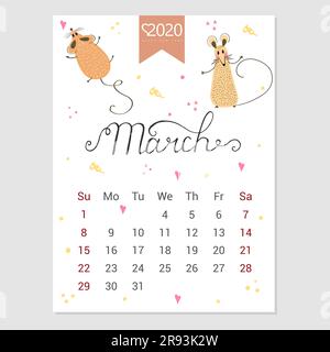 Calendrier Mars 2020 vecteur. Calendrier mensuel créatif 2020 joli rat dessiné à la main. Concept, modèle vectoriel vertical modifiable. Symbole de l'année dans le Illustration de Vecteur