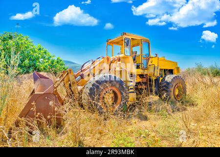 Vue latérale d'un bulldozer jaune sur roues pour l'agriculture dans un champ de blé élevé avec paysage rural. Banque D'Images