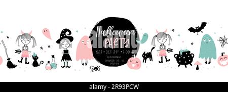 Adorable motif Halloween dessiné à la main, personnages effrayants et décoration, éléments vectoriels. Illustration de Vecteur