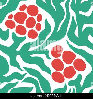 Matisse esthétique Berry sans couture. Abstrait Doodle Curves feuilles et baies dans le style naïf hippie 1970. Motif floral groovy en tons vert et rouge pour t-shirts, papiers peints, étui pour téléphone. Illustration de Vecteur