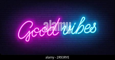 Bon lettrage au néon de Vibes sur fond de mur de briques. Illustration de Vecteur