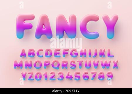 3D alphabet de dégradé coloré avec des chiffres avec une surface brillante sur un fond rose. Illustration de Vecteur