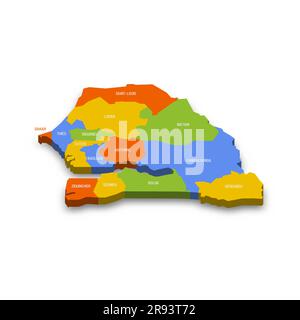 Sénégal carte politique des divisions administratives - régions. Carte vectorielle 3D colorée avec noms de province de pays et ombre portée. Illustration de Vecteur