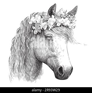 Tête de cheval avec fleurs, dessin à la main dans l'illustration de style Doodle Illustration de Vecteur