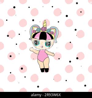 Jolie poupée de lol vectoriel avec cheveux noirs et roses et grands yeux noirs. Design pour t-shirt bébé fille, décoration anniversaire invitation, livre de coloriage. Moderne Illustration de Vecteur