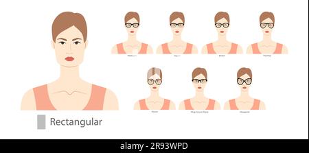 Ensemble de types de lunettes pour femmes de type rectangulaire visages accessoire de mode illustration. Lunettes de soleil vue de face unisex style silhouette, lunettes de vue à rebord plat, contour de style esquisse de lentille isolé Illustration de Vecteur