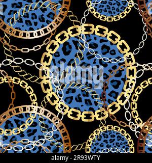 Motif tendance sans couture avec chaînes dorées et imprimé léopard. Imprimé avec des chaînes dorées sur fond noir. Motif vectoriel sans couture. Conception en tissu. Illustration de Vecteur