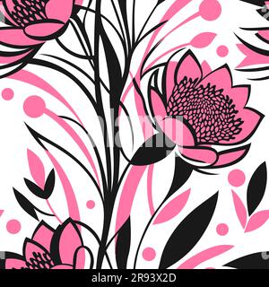 Motif fleuri sans couture avec couleur contrastante en forme de punck et contours noirs Illustration de Vecteur