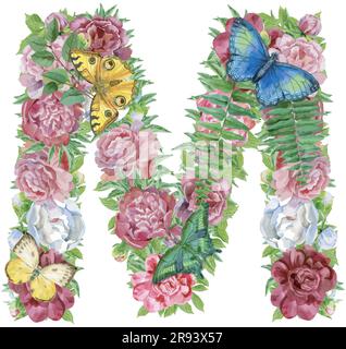 Lettre M de fleurs Aquarelle, dessinés à la main, isolé sur un fond blanc, mariage, design de l'alphabet Illustration de Vecteur