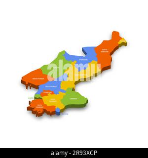 Corée du Nord carte politique des divisions administratives - provinces. Carte vectorielle 3D colorée avec noms de province de pays et ombre portée. Illustration de Vecteur