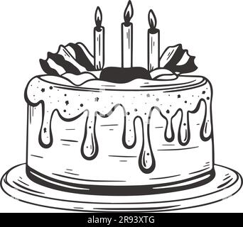 Illustration d'un gâteau d'anniversaire avec bougies dessinées à la main. Croquis à l'encre du gâteau au biscuit avec de la crème dans le glaçage. Gâteau de fête traditionnel sucré, style doodle. Illustration de Vecteur