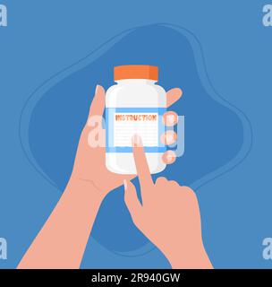 Mains tenant un pot avec des médicaments ou des vitamines et des instructions d'utilisation sur lui. Illustration vectorielle de style plat Illustration de Vecteur