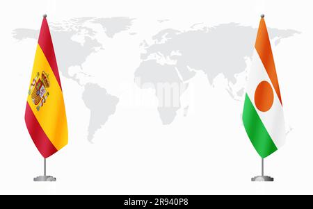 Drapeaux de l'Espagne et du Niger pour une réunion officielle sur fond de carte du monde. Illustration de Vecteur