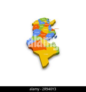 Tunisie carte politique des divisions administratives - gouvernorats. Carte vectorielle 3D colorée avec noms de province de pays et ombre portée. Illustration de Vecteur