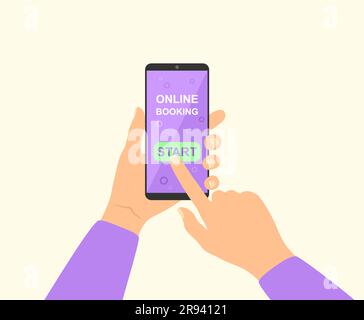 Utilisez votre smartphone avec l'application de réservation en ligne à l'écran. Illustration vectorielle de style plat Illustration de Vecteur