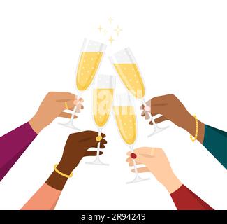 Mains de femmes tenant des verres de champagne mousseux isolés sur fond blanc. Illustration vectorielle de style plat Illustration de Vecteur