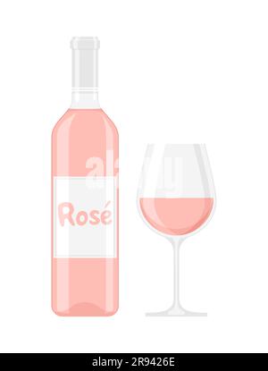 Une bouteille et un verre de vin rose sur fond blanc. Illustration vectorielle plate Illustration de Vecteur