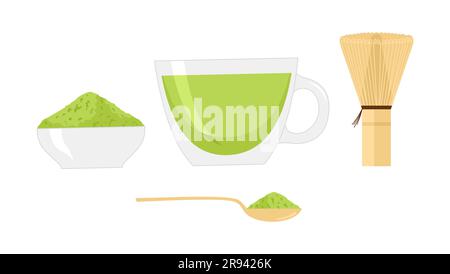Accessoires de cérémonie du thé. Thé vert japonais matcha dans une tasse de verre, poudre dans une soucoupe, fouet et cuillère de bambou Illustration de Vecteur