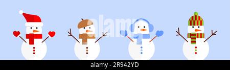 Ensemble de bonhommes de neige en chapeaux et foulards colorés sur fond bleu Illustration de Vecteur