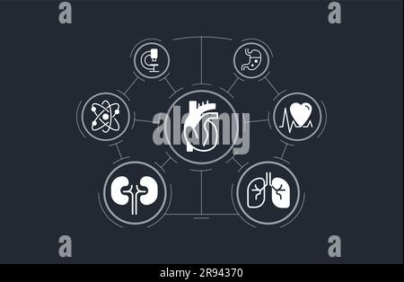 Modèle de conception de tests d'organes humains avec icônes de glyphe blanches Illustration de Vecteur