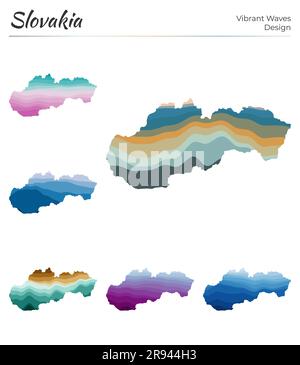 Ensemble de cartes vectorielles de la Slovaquie. Motif vagues éclatantes. Carte lumineuse du pays dans le style des courbes lisses géométriques. Illustration de Vecteur