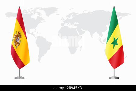 Drapeaux de l'Espagne et du Sénégal pour une réunion officielle sur fond de carte du monde. Illustration de Vecteur