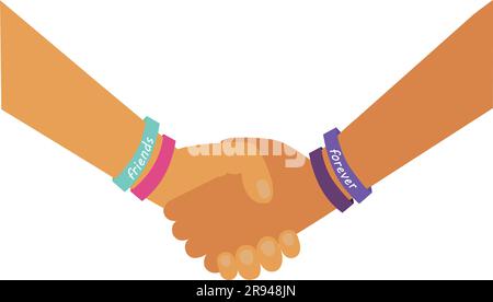 Bannière du jour de l'amitié avec deux personnes tenant les mains avec des bracelets de couleur sur un fond blanc avec espace de copie Illustration de Vecteur