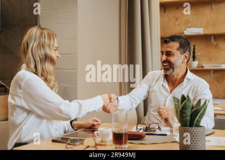 Deux dirigeants d'entreprises d'âge moyen, hommes et femmes, se sont mis à serrer la main après avoir conclu un accord sur le nouveau projet à venir Banque D'Images