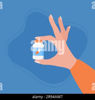 Main tenant un pot de médicaments ou de suppléments sur un fond bleu. Concept de soins de santé. Illustration vectorielle de style plat Illustration de Vecteur
