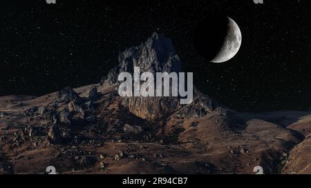 Magnifique paysage d'un pic de montagne la nuit avec la lune Banque D'Images