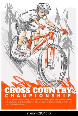 affiche d'événement cross-country. cycliste descendant le parc. illustration vectorielle de style dessiné à la main Illustration de Vecteur