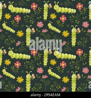 Joyeuse chenille verte dans les fleurs. Illustration pour enfants. Motif sans couture avec larve à motif papillons. Caterpillar avec un bouquet. Banque D'Images