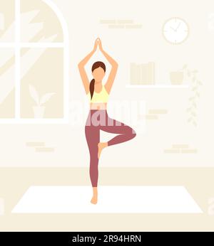 Jeune femme pratiquant le yoga à la maison. Illustration vectorielle de style plat Illustration de Vecteur